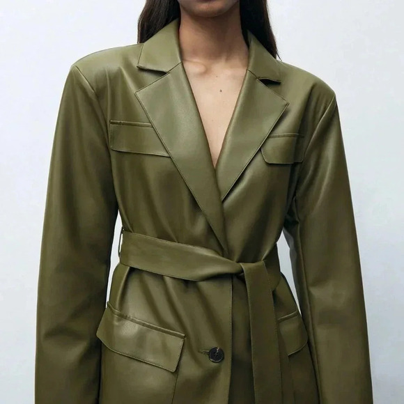 Army Green Elegant Women's Front Button Pocket Belted Long Sleeve Blazer Jacket - Picture 5 of 8